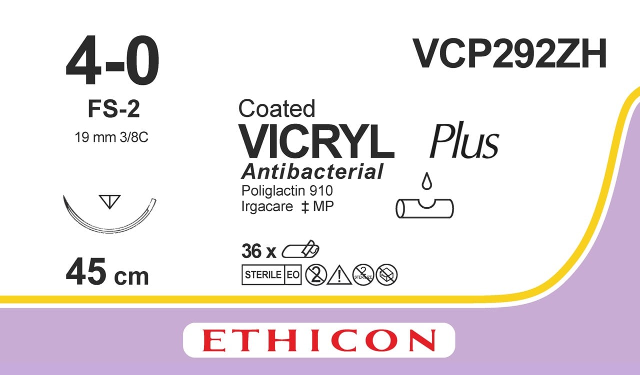 Ethicon VICRYL PLUS undyed USP 4-0 45cm Reverse cutting 19mm 3/8C (VCP292ZH)