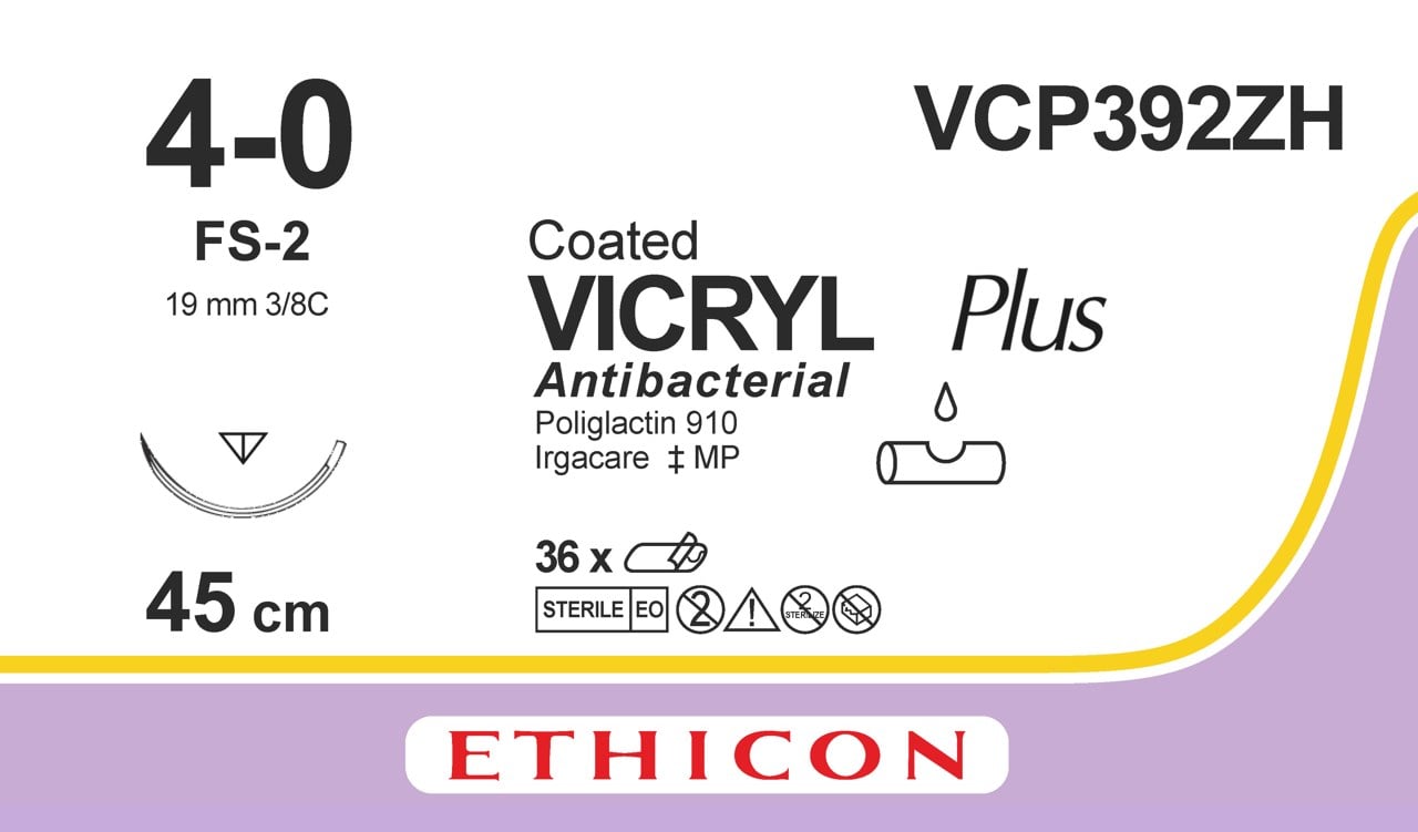 Ethicon VICRYL PLUS violet USP 4-0 45cm Reverse cutting 19mm 3/8C (VCP392ZH)