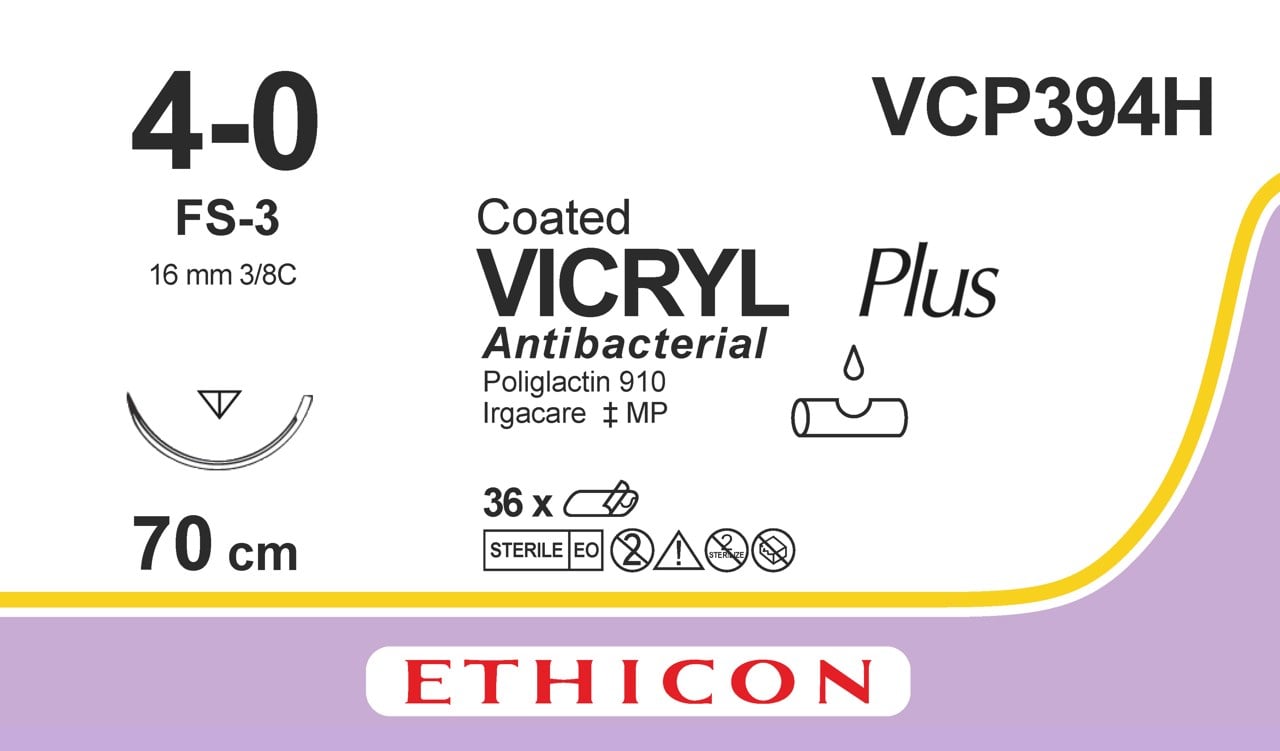 Ethicon VICRYL PLUS violet USP 4-0 70cm Reverse cutting 16mm 3/8C (VCP394H)