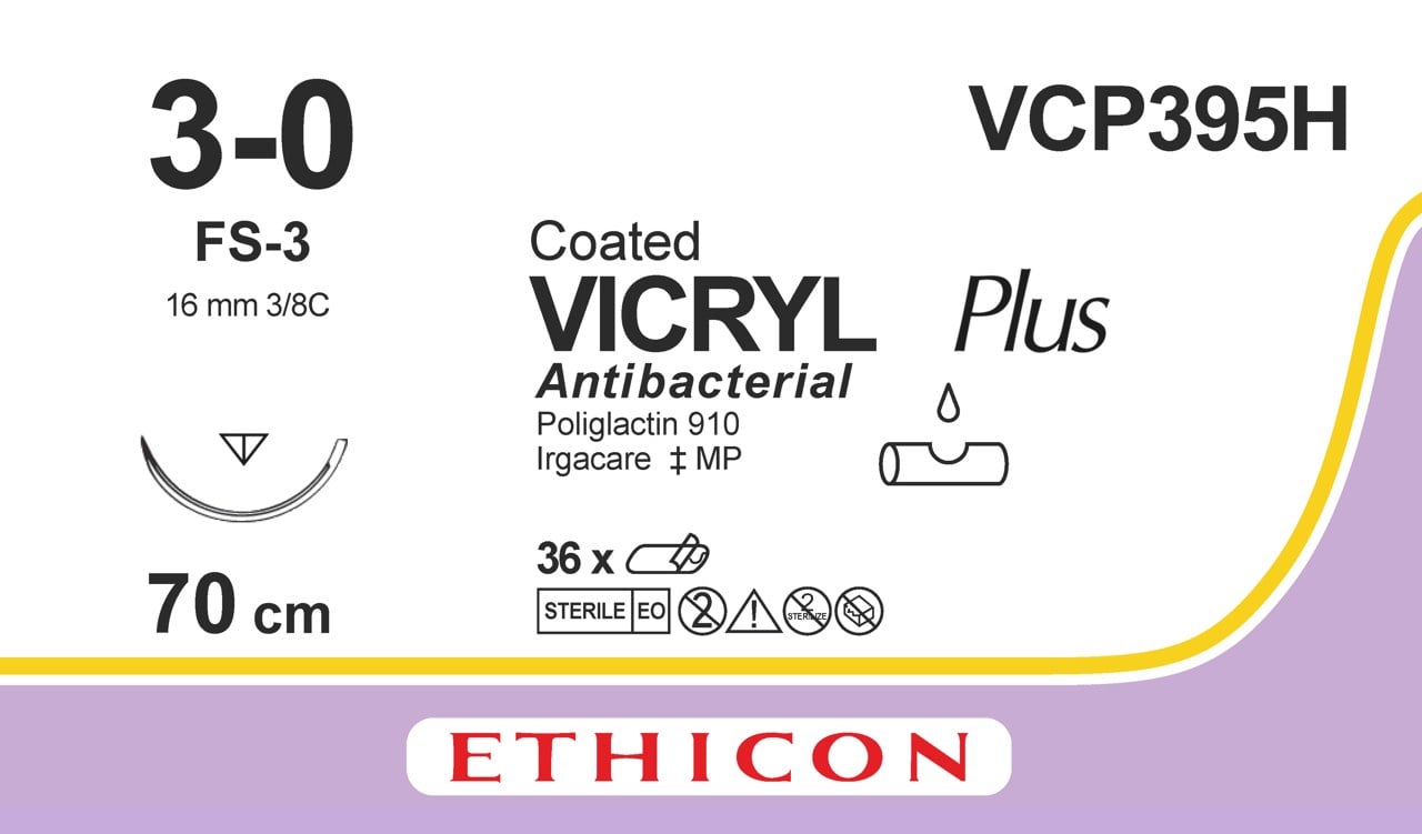 Ethicon VICRYL PLUS violet USP 3-0 70cm Reverse cutting 16mm 3/8C (VCP395H)