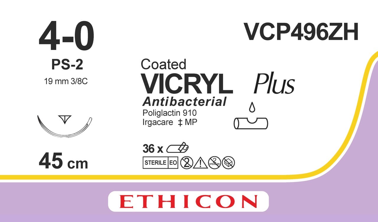 Ethicon VICRYL PLUS undyed USP 4-0 45cm Reverse Cutting Prime 19mm 3/8C (VCP496ZH)