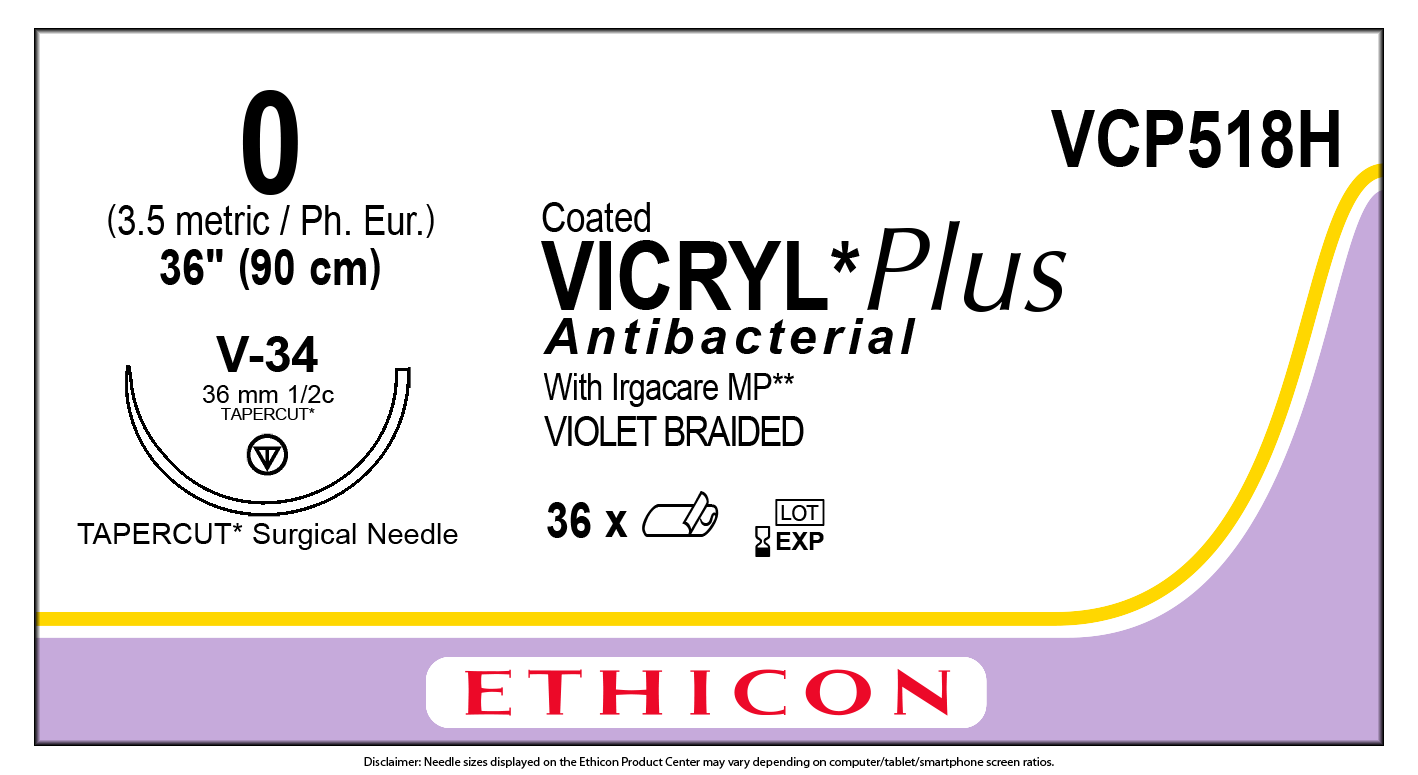 Ethicon VICRYL PLUS violet USP 0 90cm Tapercut 36mm 1/2C (VCP518H)