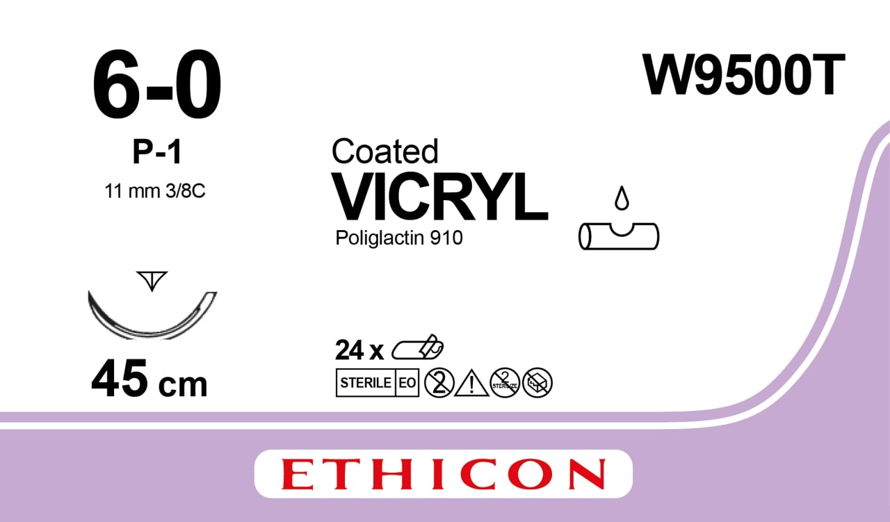 Ethicon VICRYL undyed USP 6-0 45cm Reverse Cutting Prime 11mm 3/8C (W9500T)