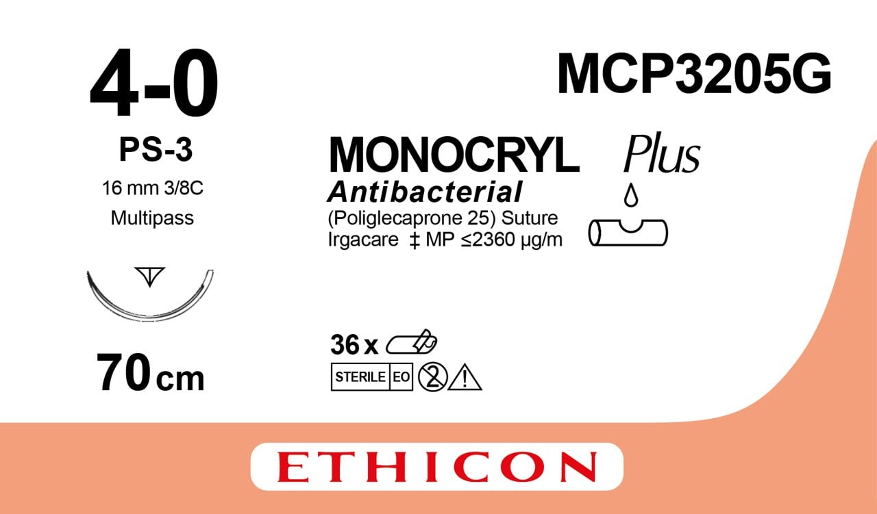 Ethicon MONOCRYL PLUS undyed USP 4-0 70cm Reverse Cutting Prime 16mm 3/8C (MCP3205G)