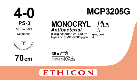 Ethicon MONOCRYL PLUS undyed USP 4-0 70cm Reverse Cutting Prime 16mm 3/8C (MCP3205G)