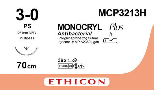 Ethicon MONOCRYL PLUS undyed USP 3-0 70cm Reverse Cutting Prime 26mm 3/8C (MCP3213H)
