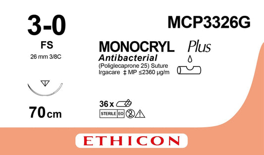 Ethicon MONOCRYL PLUS undyed USP 3-0 70cm Reverse cutting 26mm 3/8C (MCP3326G)