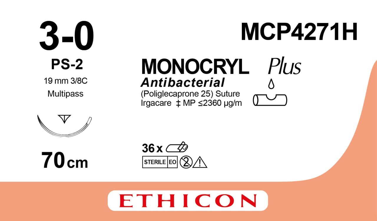 Ethicon MONOCRYL PLUS undyed USP 3-0 70cm Reverse Cutting Prime 19mm 3/8C (MCP4271H)