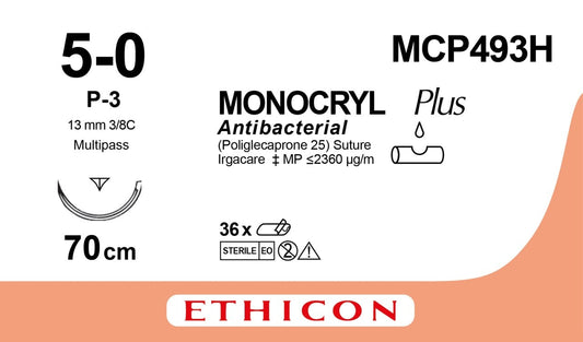Ethicon MONOCRYL PLUS undyed USP 5-0 70cm Reverse Cutting Prime 13mm 3/8C (MCP493H)