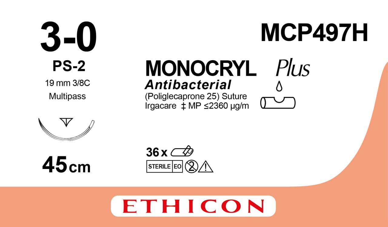 Ethicon MONOCRYL PLUS undyed USP 3-0 45cm Reverse Cutting Prime 19mm 3/8C (MCP497H)