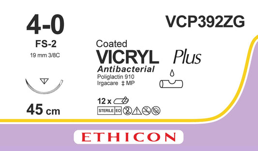 Ethicon VICRYL PLUS violet USP 4-0 45cm Reverse cutting 19mm 3/8C (VCP392ZG)