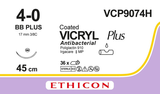 Ethicon VICRYL PLUS violet USP 4-0 45cm Taperpoint Plus 17mm 3/8C (VCP9074H)