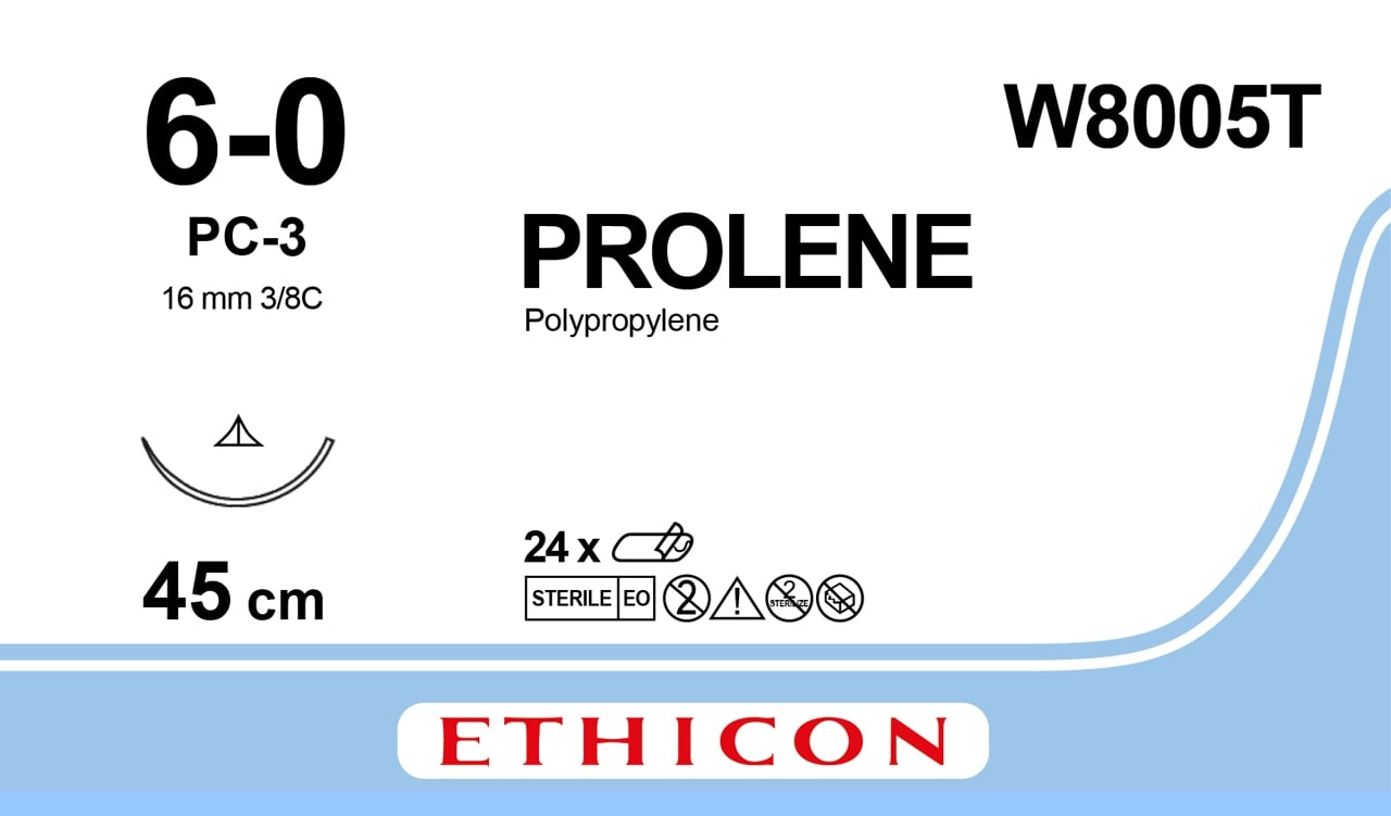 Ethicon PROLENE blue USP 6-0 45cm Conventional Cutting PC 16mm 3/8C (W8005T)